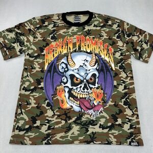 Broken Promises Shirt Mens Large Green Camo Skull Demon Graphic Streetwear Punk